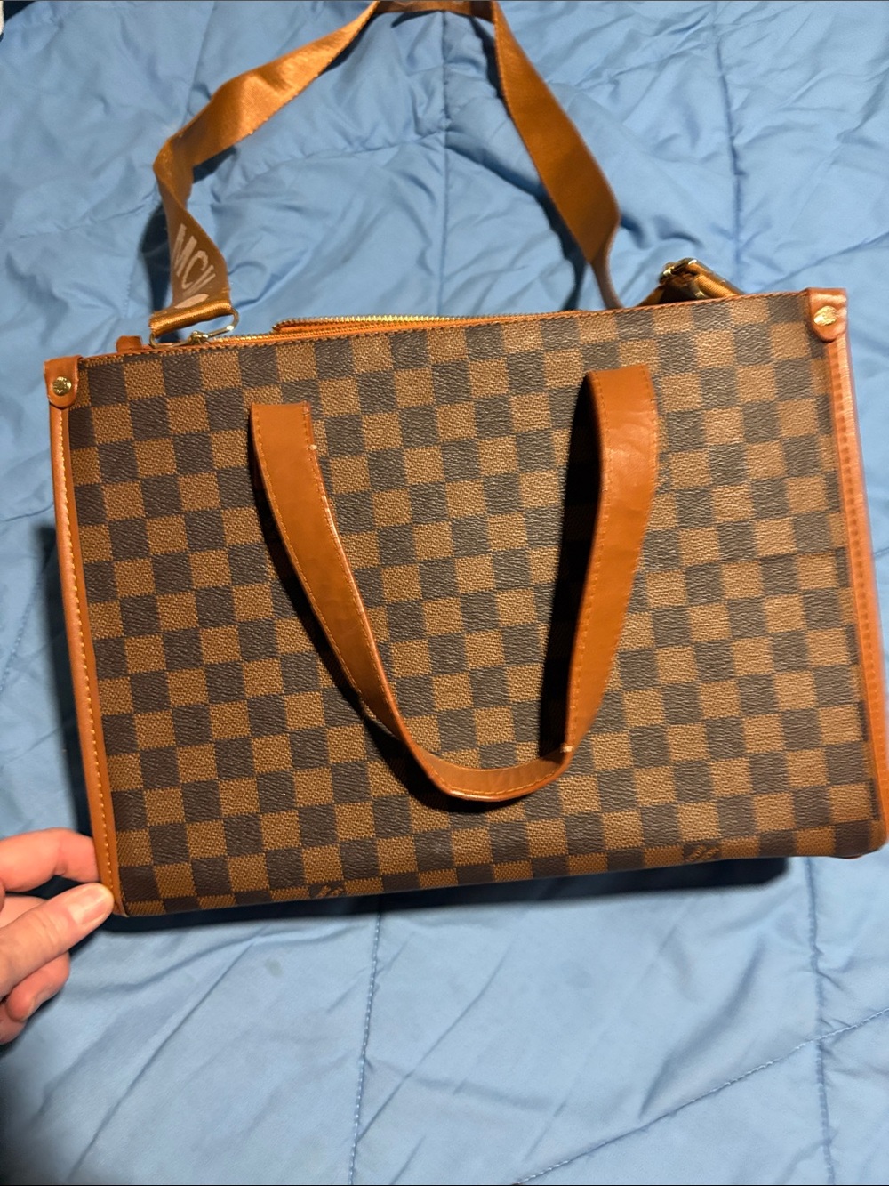 Brown Checkered Tote Bag with Tan Trim - Picture 1 of 2